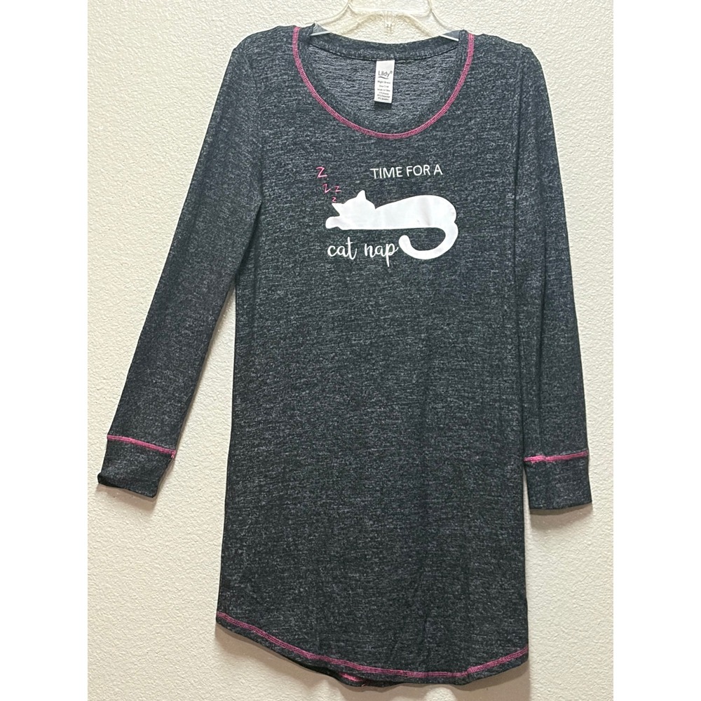 Lildy Womens Time For A Cat Nap Night Dress Long Sleeve Sleep Shirt Gray SM